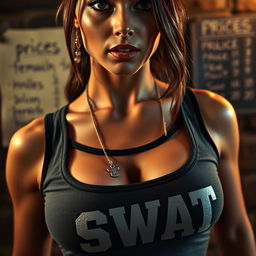 A stunning brunette SWAT officer with an alluring gaze, wearing a tight 'SWAT' tank top that accentuates her large chest and cleavage, dog tags resting gracefully on her neck