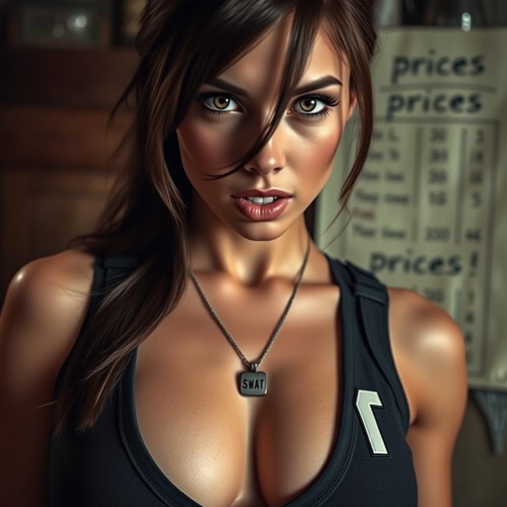 A stunning brunette SWAT officer with an alluring gaze, wearing a tight 'SWAT' tank top that accentuates her large chest and cleavage, dog tags resting gracefully on her neck