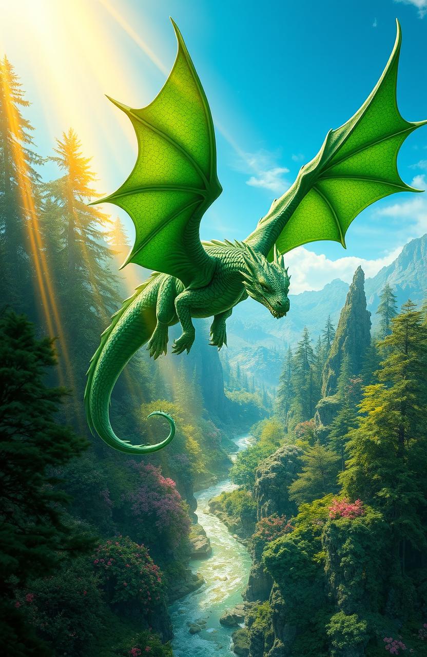 A majestic green dragon with shimmering emerald scales gracefully flying over a lush, enchanted forest