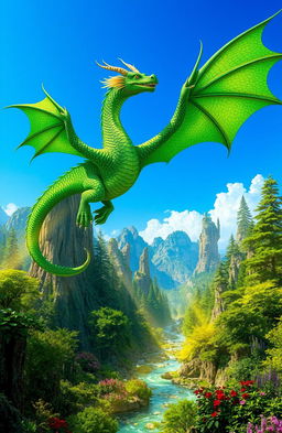 A majestic green dragon with shimmering emerald scales gracefully flying over a lush, enchanted forest