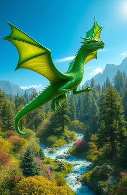 A majestic green dragon with shimmering emerald scales gracefully flying over a lush, enchanted forest