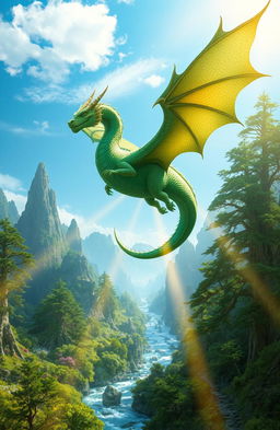 A majestic green dragon with shimmering emerald scales gracefully flying over a lush, enchanted forest