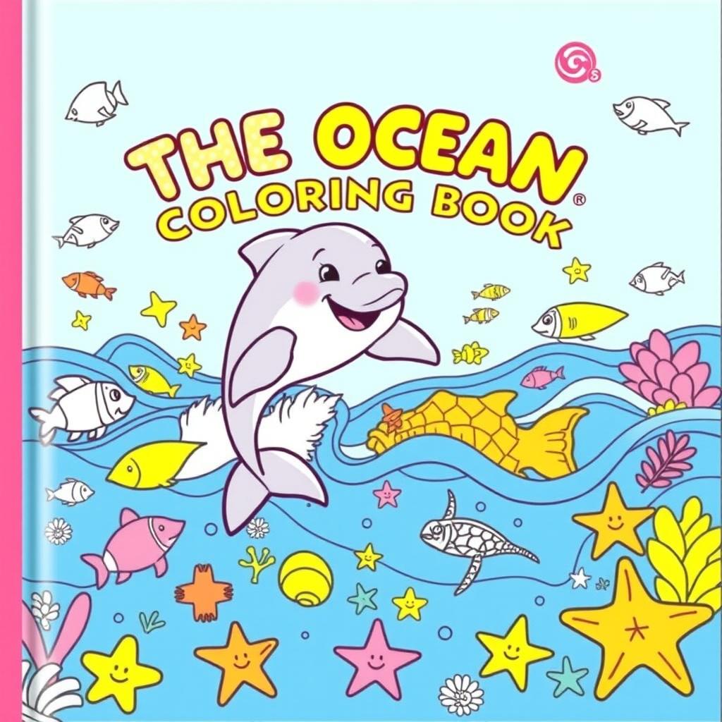 A vibrant and playful book cover for 'THE OCEAN COLORING BOOK', featuring a central image of a smiling baby dolphin jumping out of the water