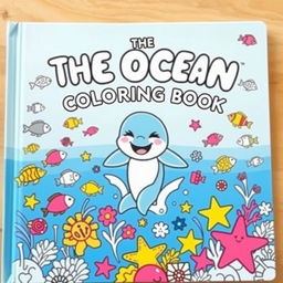 A vibrant and playful book cover for 'THE OCEAN COLORING BOOK', featuring a central image of a smiling baby dolphin jumping out of the water