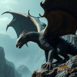 A photo-realistic depiction of a large wyvern, a formidable winged lizard akin to dragons