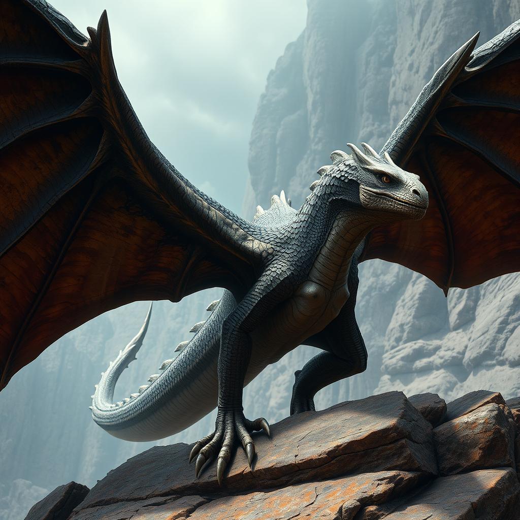 A photo-realistic depiction of a large wyvern, a formidable winged lizard akin to dragons