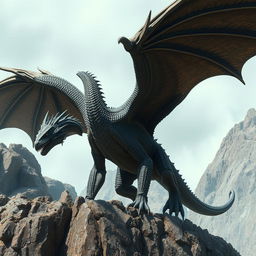 A photo-realistic depiction of a large wyvern, a formidable winged lizard akin to dragons