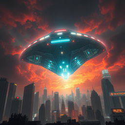 A massive alien spaceship descending through the atmosphere, casting a spectral glow over a dense cityscape below