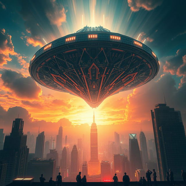 A massive alien spaceship descending through the atmosphere, casting a spectral glow over a dense cityscape below