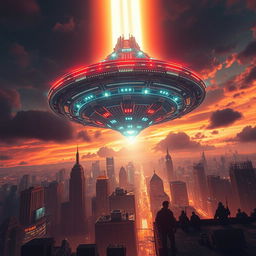 A massive alien spaceship descending through the atmosphere, casting a spectral glow over a dense cityscape below