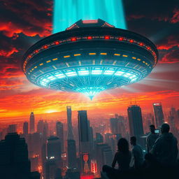 A massive alien spaceship descending through the atmosphere, casting a spectral glow over a dense cityscape below