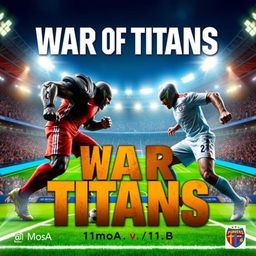 A striking and dynamic poster for the "War of Titans" featuring the teams 11moA vs 11moB in a soccer championship