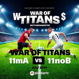 A striking and dynamic poster for the "War of Titans" featuring the teams 11moA vs 11moB in a soccer championship