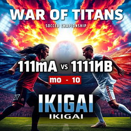 An eye-catching and dynamic poster for the "War of Titans" featuring the teams 11moA vs 11moB under the promotion of IKIGAI, in a soccer championship