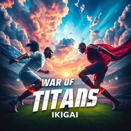 An eye-catching and dynamic poster for the "War of Titans" featuring the teams 11moA vs 11moB under the promotion of IKIGAI, in a soccer championship