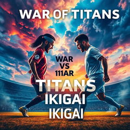 An eye-catching and dynamic poster for the "War of Titans" featuring the teams 11moA vs 11moB under the promotion of IKIGAI, in a soccer championship