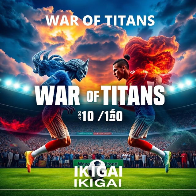 An eye-catching and dynamic poster for the "War of Titans" featuring the teams 11moA vs 11moB under the promotion of IKIGAI, in a soccer championship