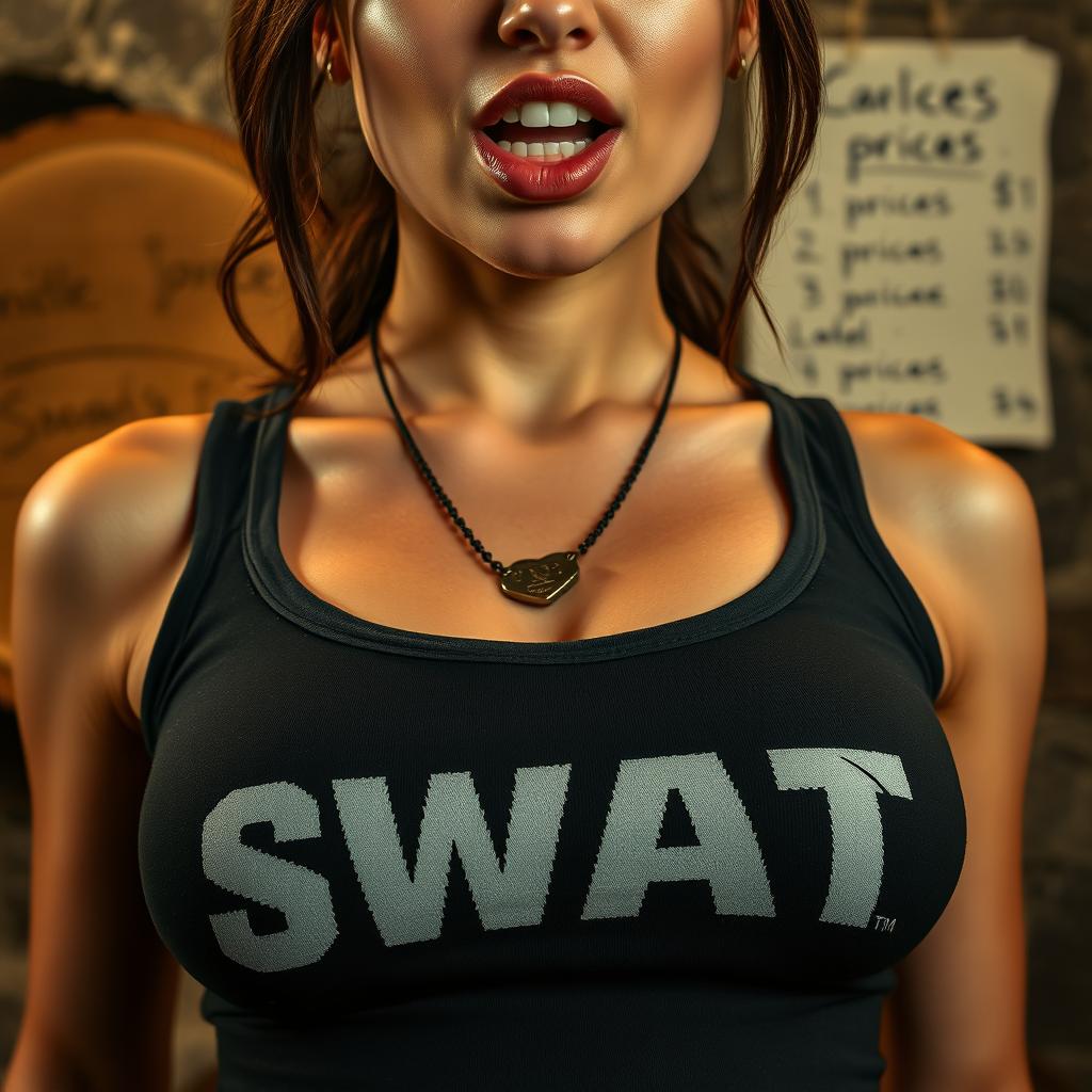 An extreme close-up, torso shot of a gorgeous brunette officer wearing a "SWAT" tank top