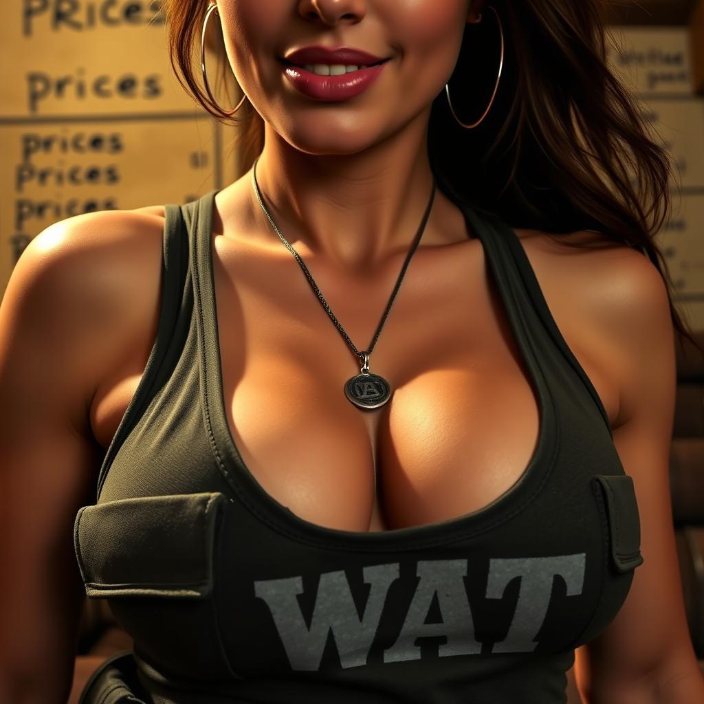 An extreme close-up, torso shot of a gorgeous brunette officer wearing a "SWAT" tank top