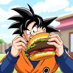 Goku, the Saiyan warrior from Dragon Ball, enjoying a large, juicy hamburger