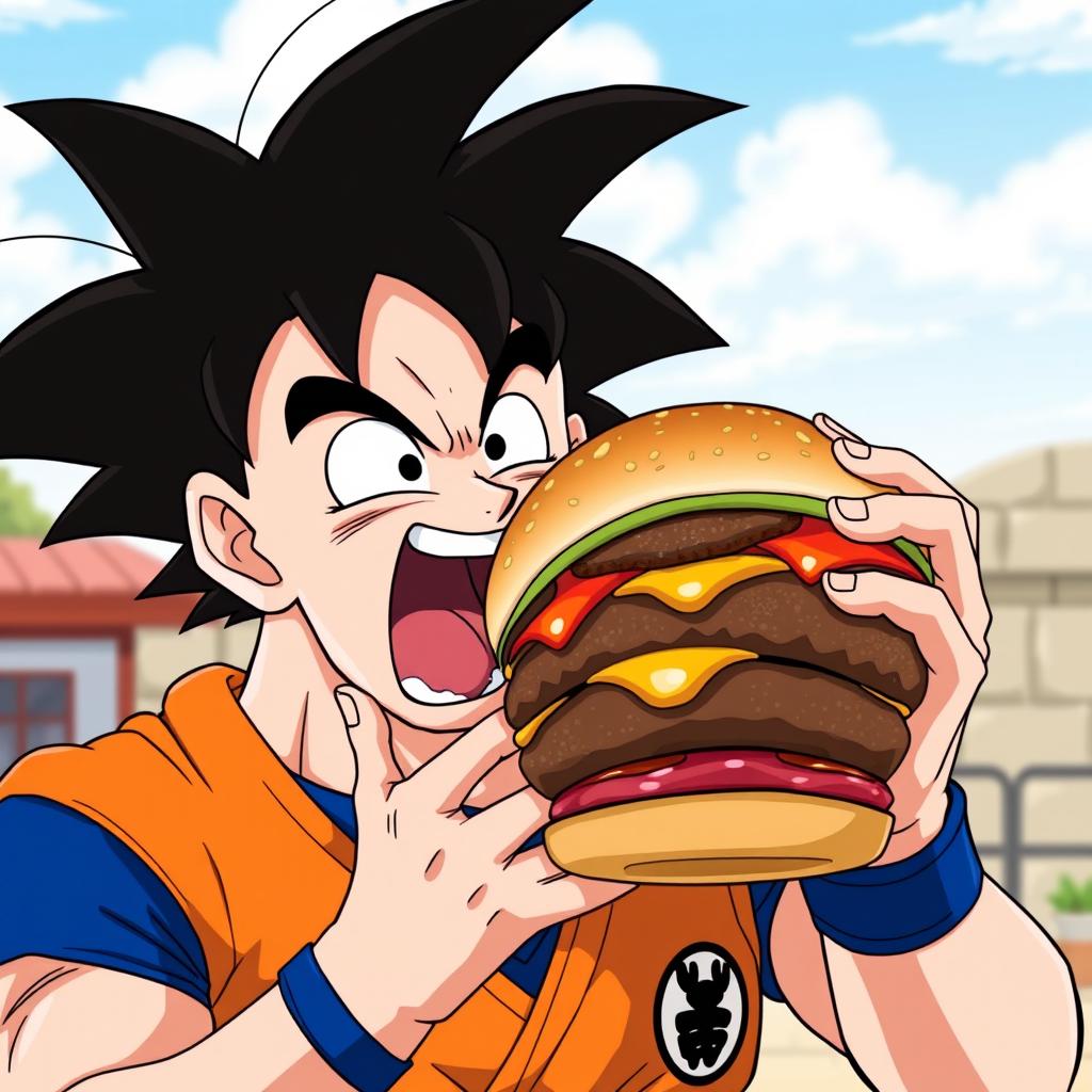 Goku, the Saiyan warrior from Dragon Ball, enjoying a large, juicy hamburger