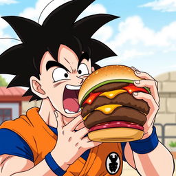 Goku, the Saiyan warrior from Dragon Ball, enjoying a large, juicy hamburger