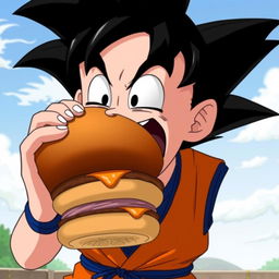 Goku, the Saiyan warrior from Dragon Ball, enjoying a large, juicy hamburger