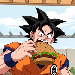 Goku, the Saiyan warrior from Dragon Ball, enjoying a large, juicy hamburger