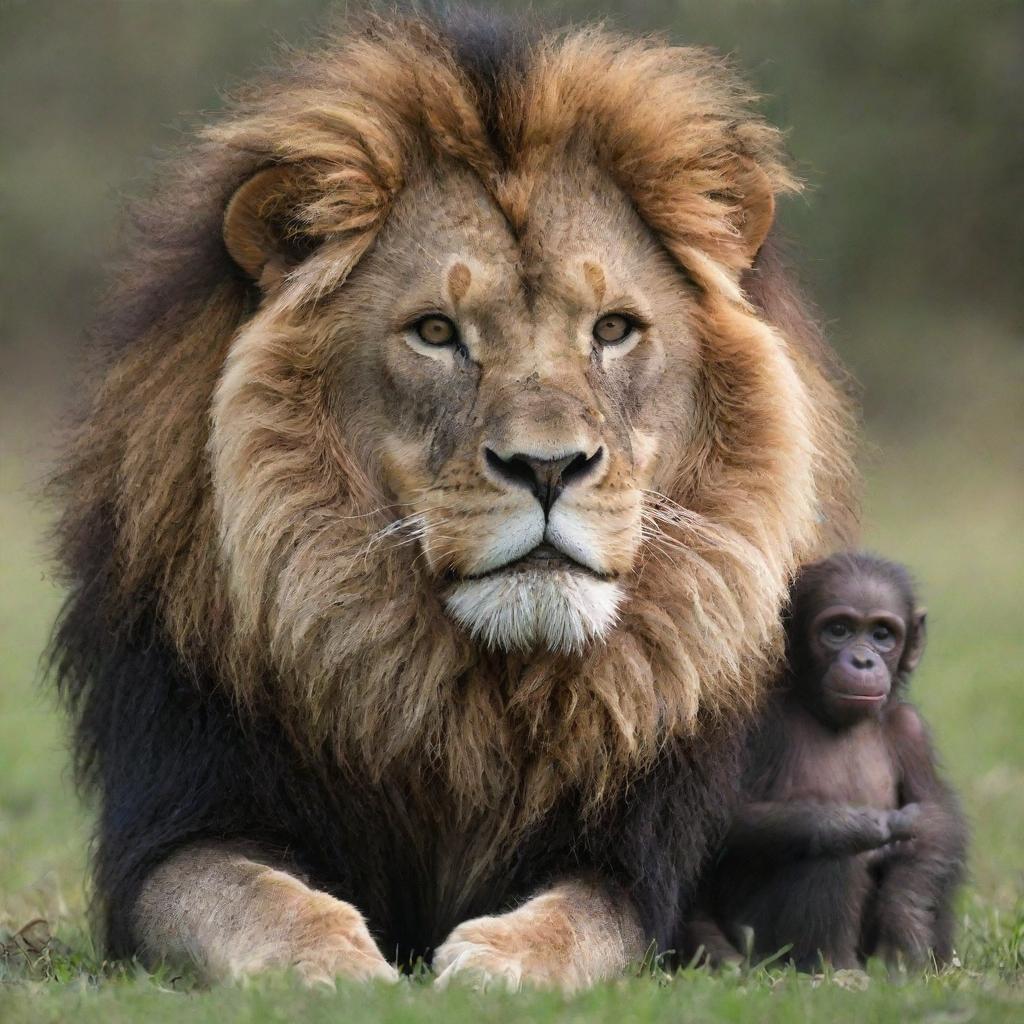 A peculiar fusion of two wildly different species: a lion, characterized by its majestic mane, and a chimpanzee, known for its human-like features and dexterity.