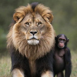 A peculiar fusion of two wildly different species: a lion, characterized by its majestic mane, and a chimpanzee, known for its human-like features and dexterity.