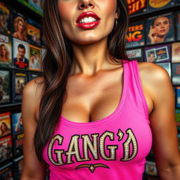 extreme close-up of a gorgeous brunette woman wearing a pink tank top adorned with an ornate gold and diamond trim 'GANG'd' logo