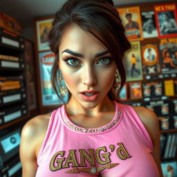 extreme close-up of a stunning brunette with large captivating eyes, wearing a pink tank top with ornate gold and diamond trim featuring a "GANG'd" logo