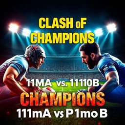 A captivating and intense poster for the "Clash of Champions" featuring the teams 11moA vs 11moB in a football championship