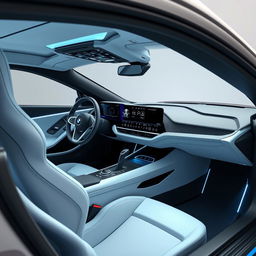 Futuristic and stylish interior design of an updated BMW i8, influenced by the sleek and minimalist aesthetics of modern Chinese EVs from brands like IM Zhiji, Geely Galaxy, Avatr, Xiaomi, and HiPhi