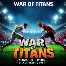 A striking and powerful poster for the "War of Titans" featuring the 11moA vs 11moB teams in a football championship