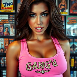 extreme close-up of a gorgeous brunette, wearing a pink tank top with an ornate gold and diamond "GANG'd" logo, showcasing her large chest and cleavage