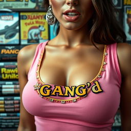 An extreme close-up focus on the torso of a gorgeous brunette wearing a pink tank top with ornate gold and diamond trim detailing and a bold "GANG'd" logo