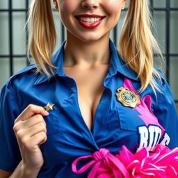 An extreme close-up shot focusing on a gorgeous police officer with striking blond pigtails