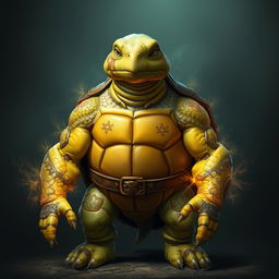 A humanoid turtle with a brown shell stands confidently