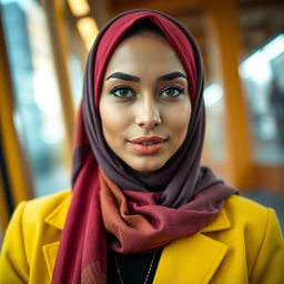 a close-up portrait of a woman wearing a hijab, styled fashionably in a modern urban setting, focusing on her confident expression and stylish attire, incorporating vibrant colors and dynamic lighting