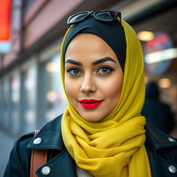 a close-up portrait of a woman wearing a hijab, styled fashionably in a modern urban setting, focusing on her confident expression and stylish attire, incorporating vibrant colors and dynamic lighting