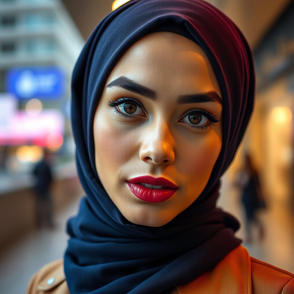 a close-up portrait of a woman wearing a hijab, styled fashionably in a modern urban setting, focusing on her confident expression and stylish attire, incorporating vibrant colors and dynamic lighting