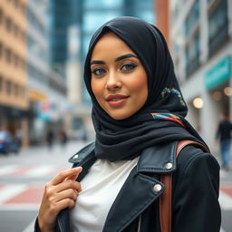 a close-up portrait of a woman wearing a hijab, styled fashionably in a modern urban setting, focusing on her confident expression and stylish attire, incorporating vibrant colors and dynamic lighting