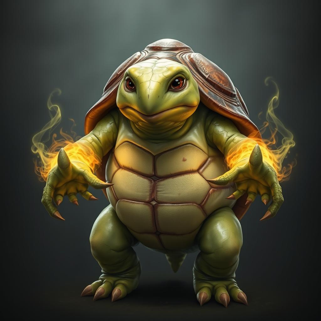 A humanoid turtle with a brown shell, exuding an aura of mystery, stands in a heroic pose