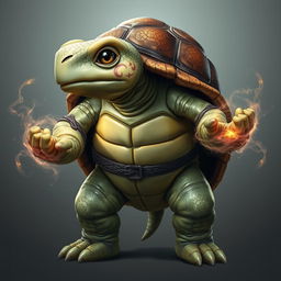 A humanoid turtle with a brown shell, exuding an aura of mystery, stands in a heroic pose