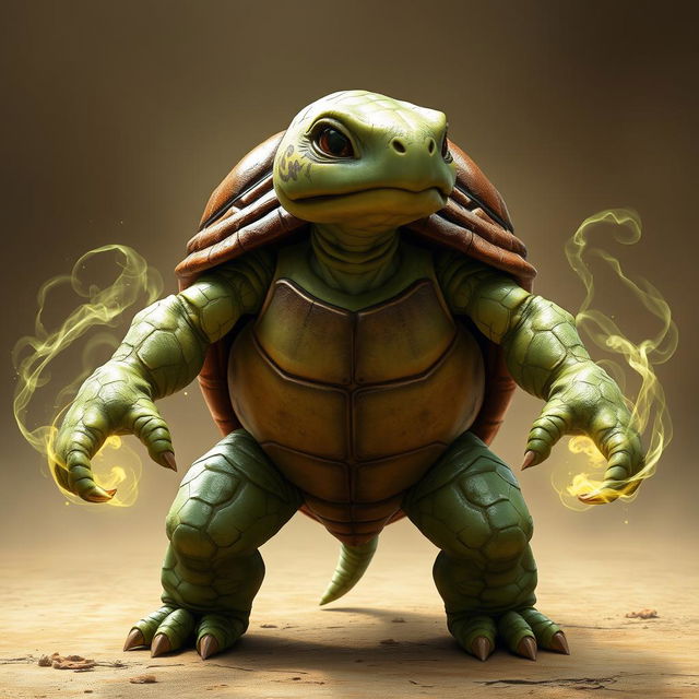 A humanoid turtle with a brown shell, exuding an aura of mystery, stands in a heroic pose