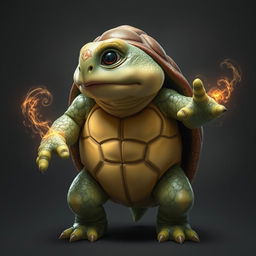 A humanoid turtle with a brown shell, exuding an aura of mystery, stands in a heroic pose