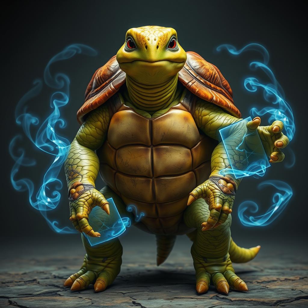 A humanoid turtle with a rich brown shell stands poised, emanating strength and wisdom