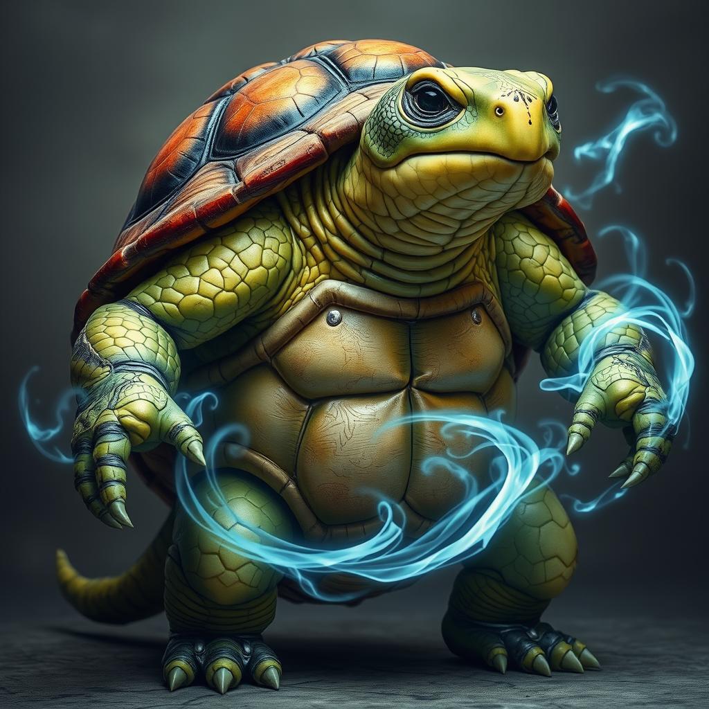 A humanoid turtle with a rich brown shell stands poised, emanating strength and wisdom