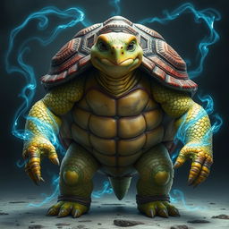 A humanoid turtle with a rich brown shell stands poised, emanating strength and wisdom